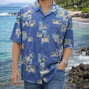 Visitor Short‎ Sleeve Button Down Blue Hawaiian Shirt Silk Men's Size XL